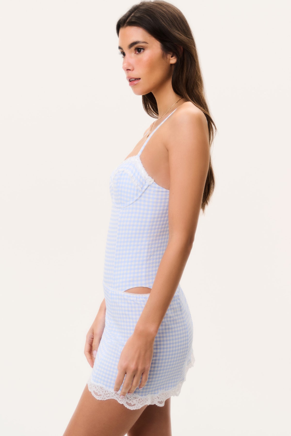 Light blue gingham swim skirt with lace-trimmed scalloped hem, side view