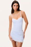 Light blue gingham swim skirt with scalloped lace hem, front view
