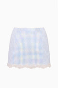 Light blue gingham swim skirt, flat lay with lace scalloped hem