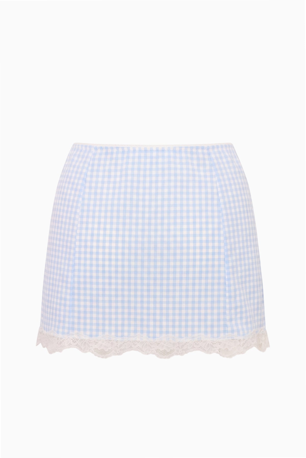 Light blue gingham swim skirt, flat lay with lace scalloped hem