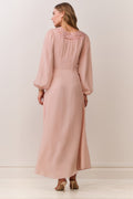 Light pink silk maxi dress with lace back yoke and long gathered sleeves