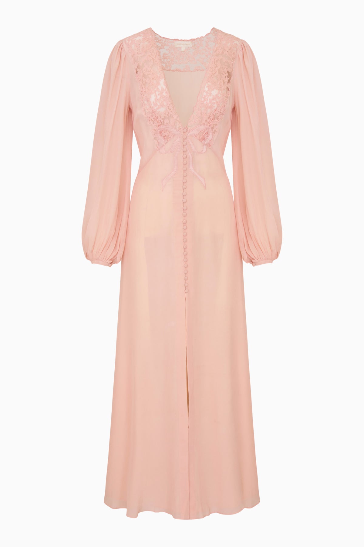 Light pink silk maxi dress with lace V-neck and puff long sleeves