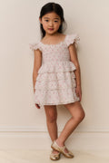 Girls' ivory floral cotton dress with tiered skirt ruffles and cap sleeves