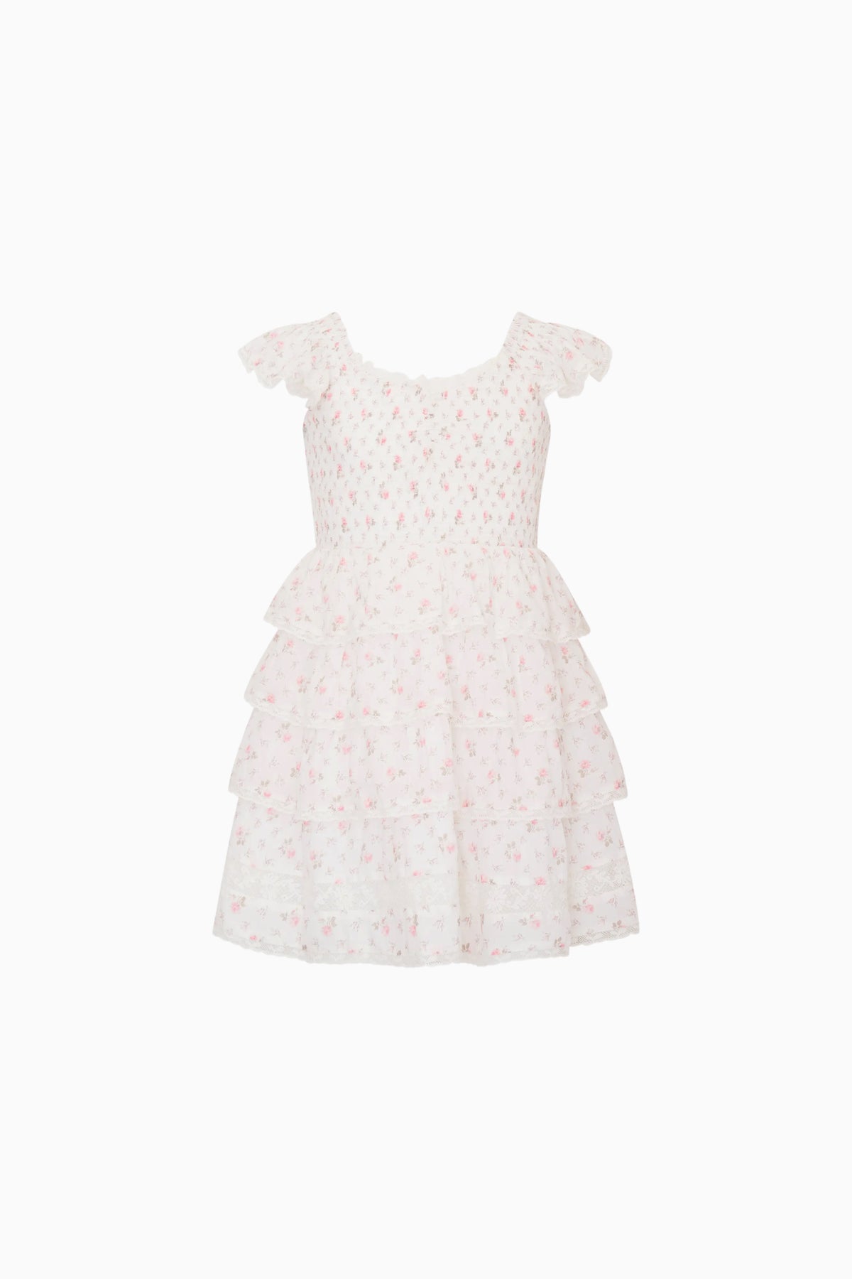 Girls' ivory floral cotton dress with ruffled tiers and flutter cap sleeves