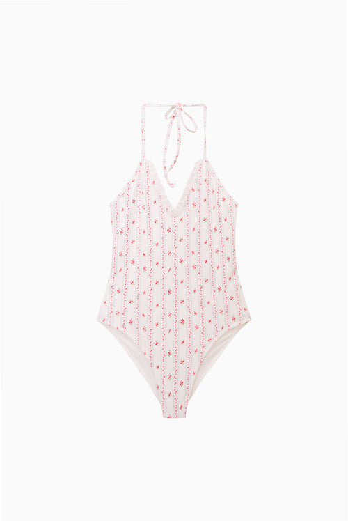 Girls one-piece swimsuit in cherry stripe print with bow-tie shoulder straps