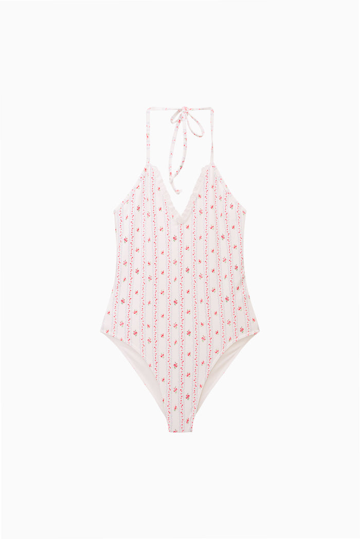 Girls one-piece swimsuit in cherry stripe print with bow-tie shoulder straps