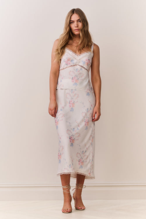 Floral print slip skirt with lace-trim hem, pastel blue and pink pattern