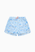 Blue patterned boys swim shorts with elastic waist and drawstring.
