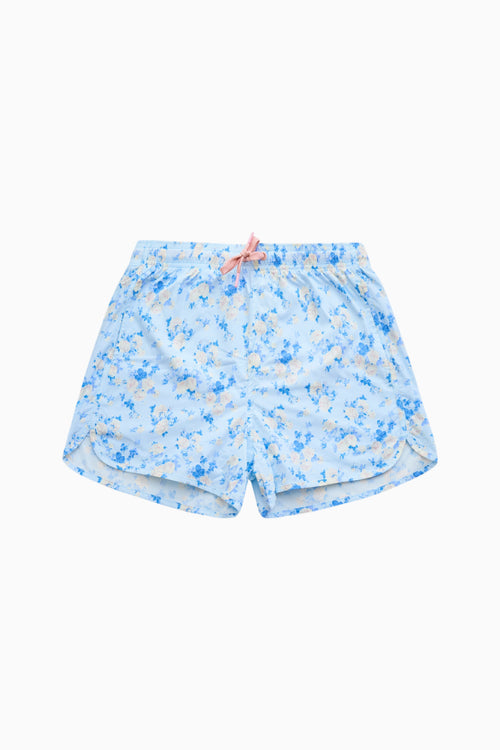 Blue patterned boys swim shorts with elastic waist and drawstring.