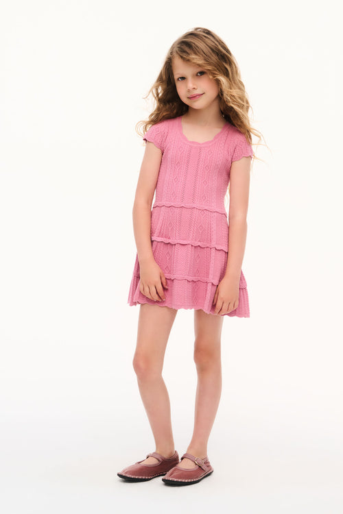 Peony pink girls pointelle ruffle dress with short sleeves and tiered skirt