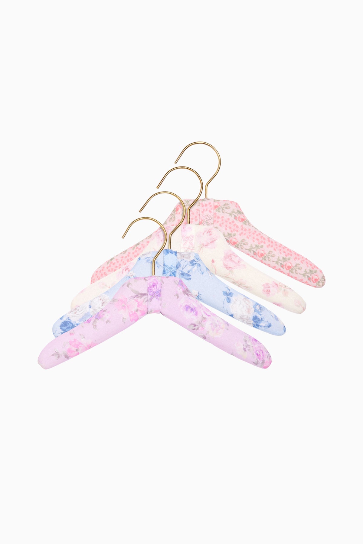 Kids fabric print hangers set of 4, pastel floral and stripe fabric with gold hooks