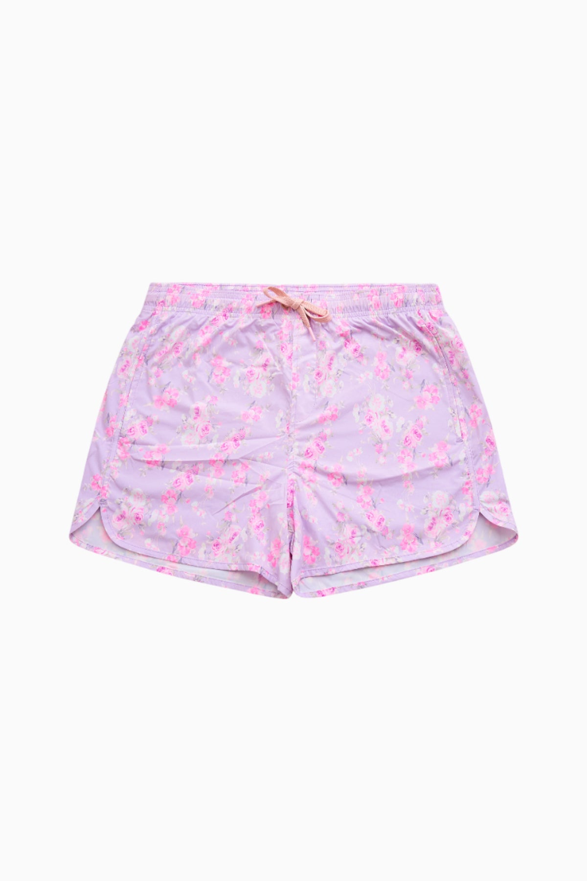 Pink patterned boys swim shorts with elastic waist and drawstring.