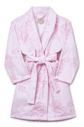 Kids cotton bath robe, light pink floral print, hooded wrap with sash tie belt.