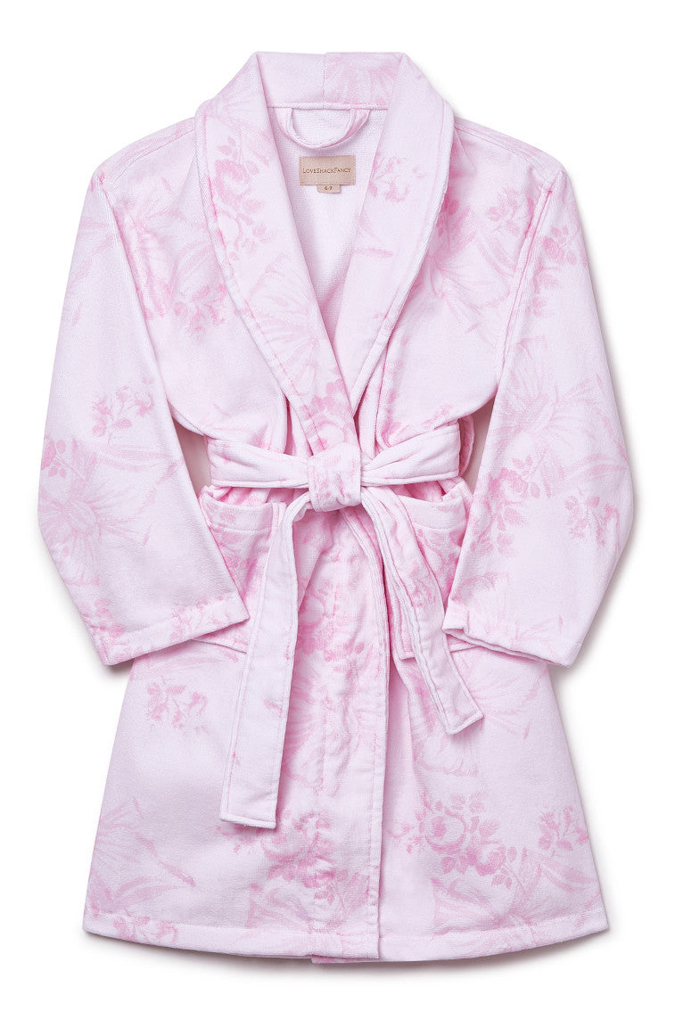 Kids cotton bath robe, light pink floral print, hooded wrap with sash tie belt.