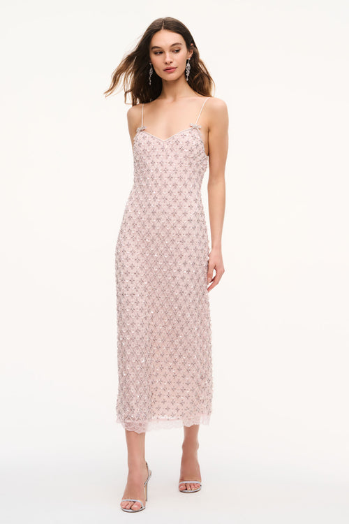 Blush pink floral embellished midi dress with thin spaghetti straps