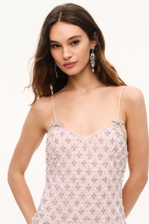 Floral embellished slip midi dress with adjustable spaghetti straps and bow detail