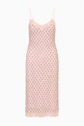 Pink floral embellished midi dress with spaghetti straps and sweetheart neckline