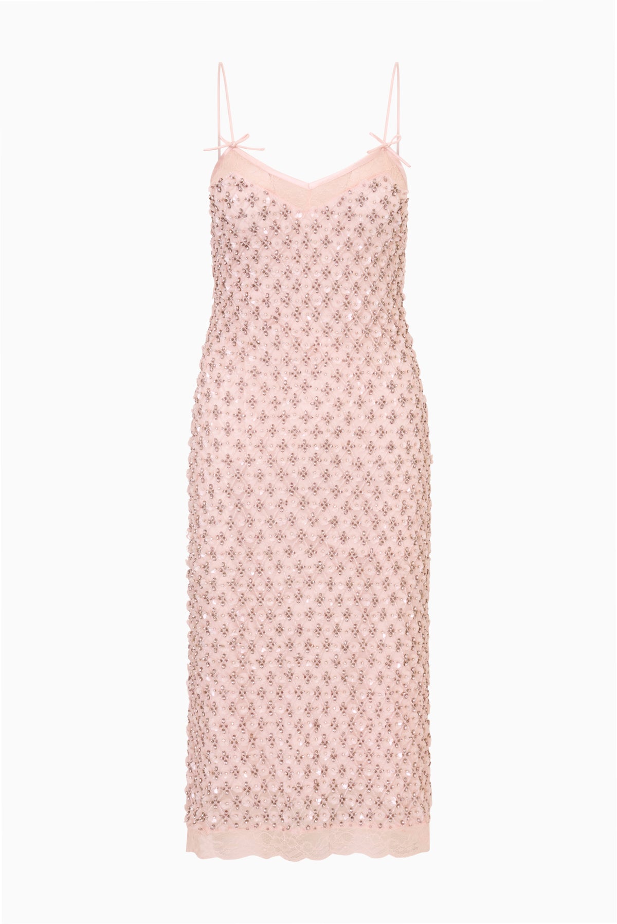 Pink floral embellished midi dress with spaghetti straps and sweetheart neckline