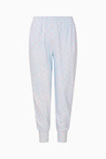 Light blue printed cotton sweatpants with elastic cuffs and elastic waistband