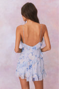 Light blue floral print silk mini dress with spaghetti straps and low back