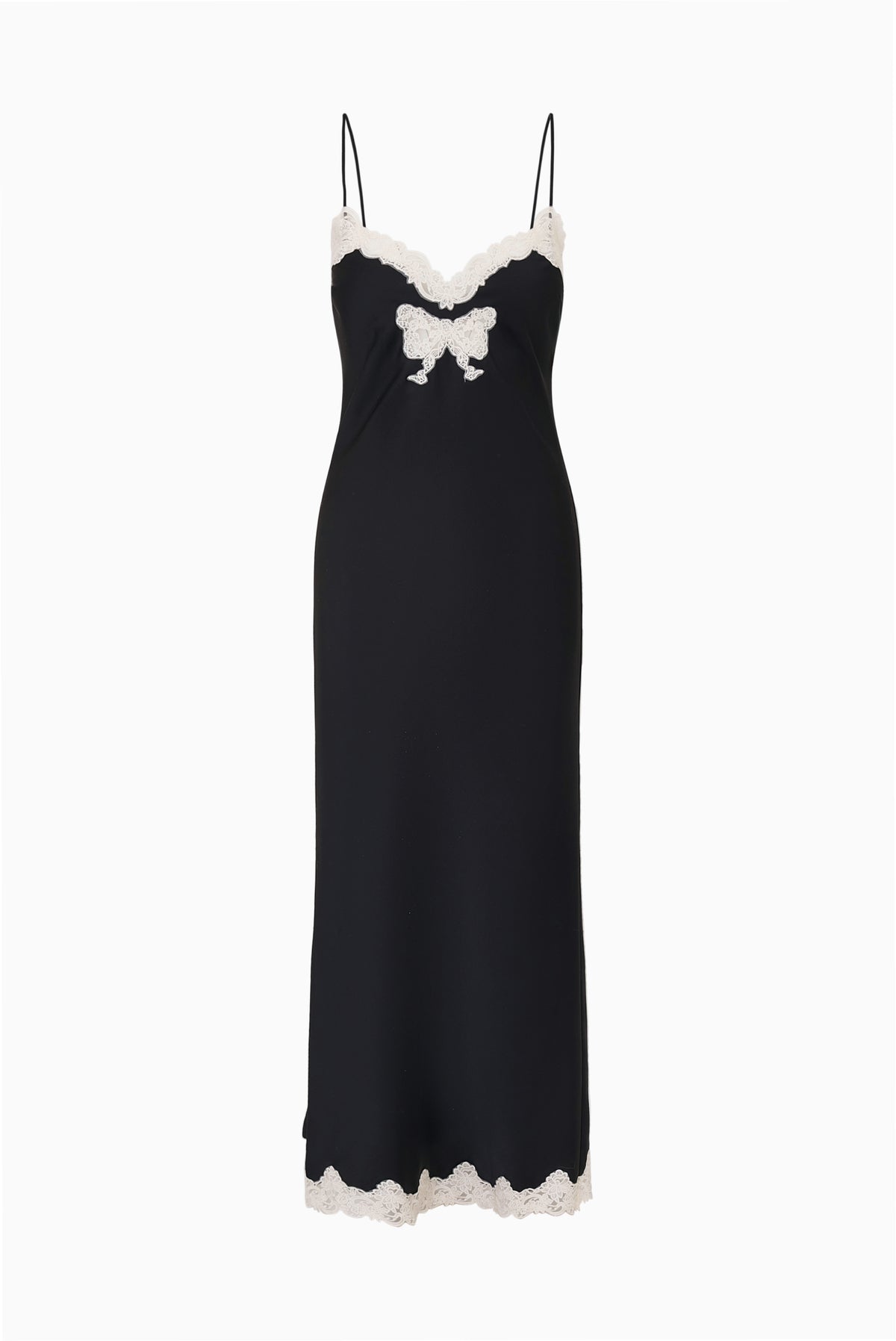 Black lace-bow maxi dress, spaghetti straps with embroidered lace hem