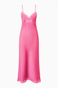 Pink lace bow maxi dress with spaghetti straps and scalloped lace hem