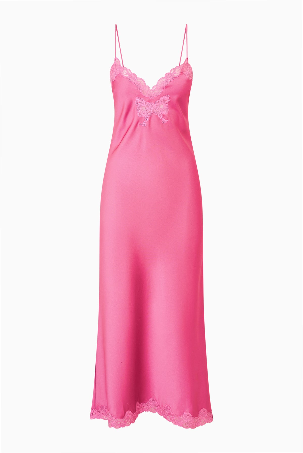 Pink lace bow maxi dress with spaghetti straps and scalloped lace hem