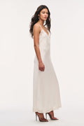 Alabaster lace-bow maxi dress with lace overlay V neckline and scalloped hem