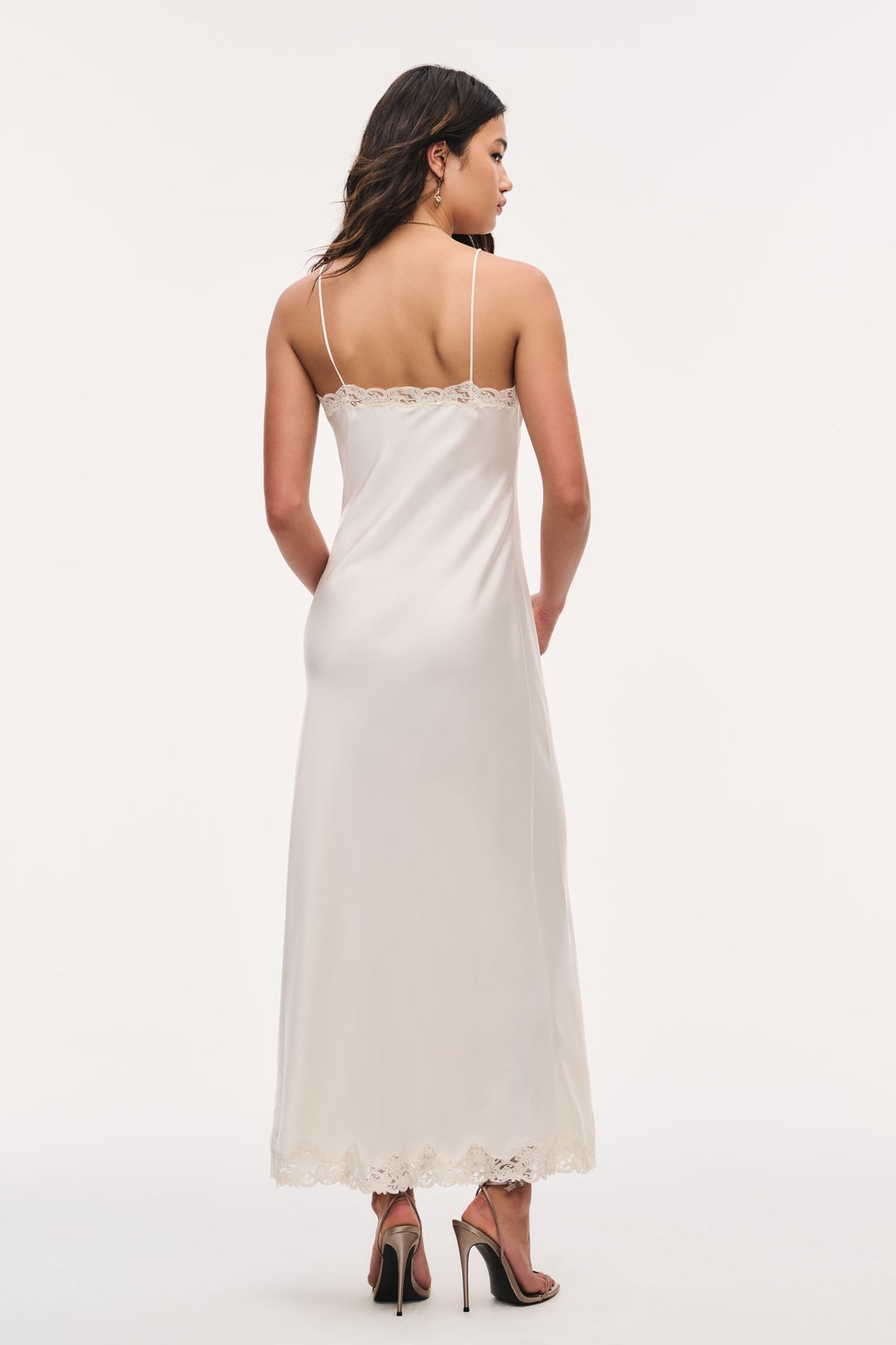 Alabaster lace-bow maxi dress with scalloped lace neckline and open back