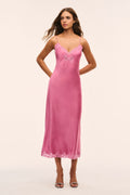 Pink lace bow maxi dress with lace bodice and thin spaghetti straps