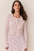 Women’s floral print cotton cardigan in light pink, long sleeves, button-front, crew neckline