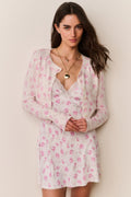 Floral print cotton cardigan in light pink with lace-trim V-style neckline and long sleeves