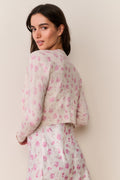 Floral print cotton cardigan in light pink, long sleeves, back view with button-front silhouette