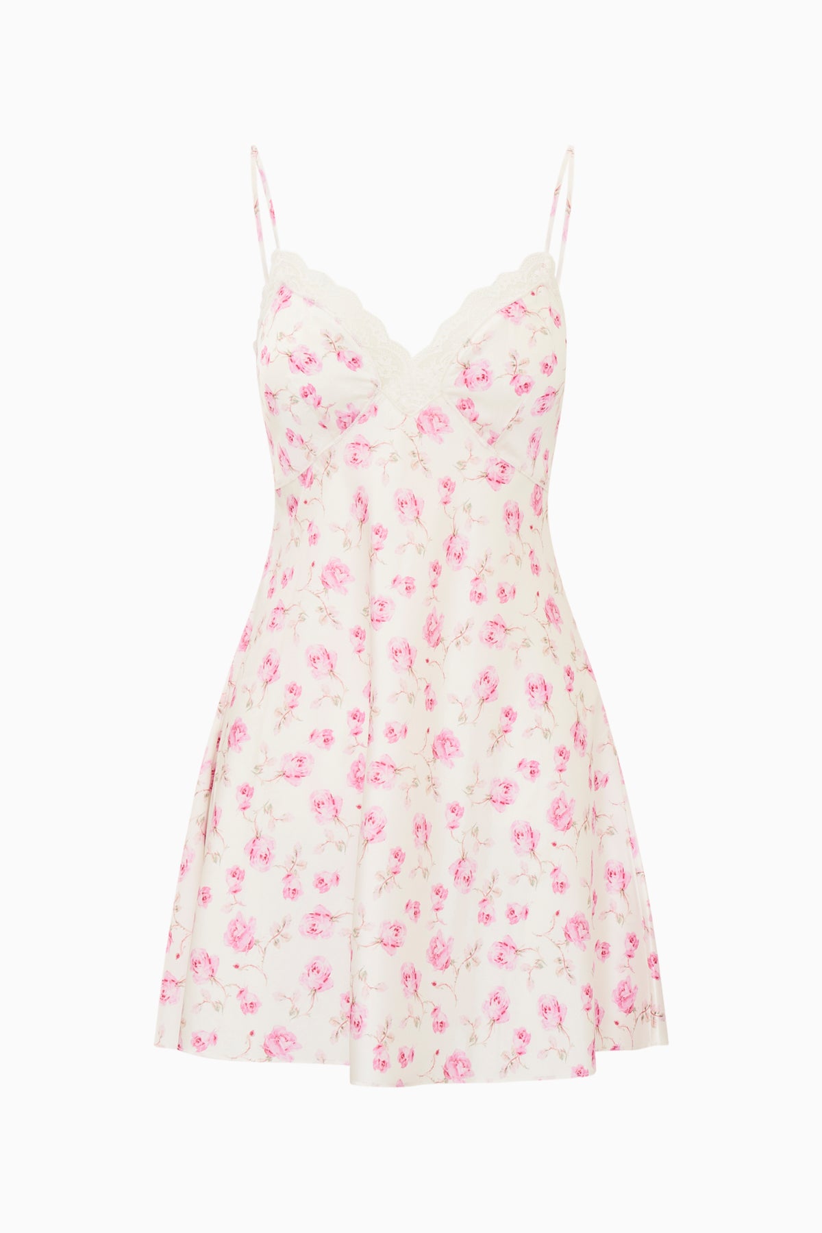 White-based pink floral print mini slip dress with lace-trim V neckline and thin straps