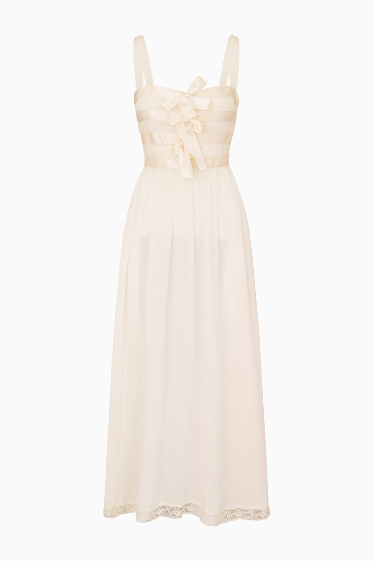 Cream sheer maxi dress with bow-banded bodice and lace hem
