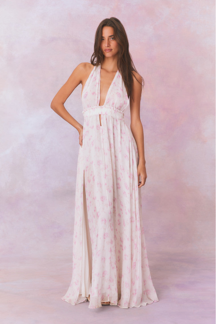 White base floral halter maxi dress with gathered waist and sheer skirt
