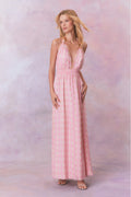 Pink floral halter maxi dress with gathered waist and sleeveless V neckline