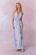 Light blue floral halter maxi dress, sleeveless with deep V neckline