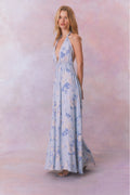 Light blue floral halter maxi dress with open back and tie detailing