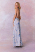 Light blue floral halter maxi dress with V front and billowy skirt
