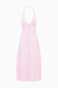Light pink linen halter maxi dress with open neckline and back tie.