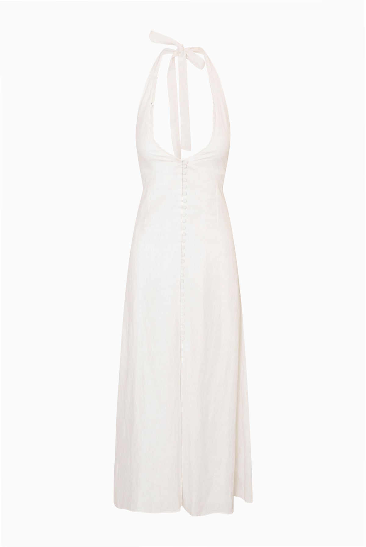 White linen halter maxi dress with back tie and front button placket.