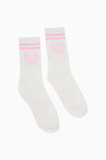 White crew socks with pink stripe cuffs and pink circular logo