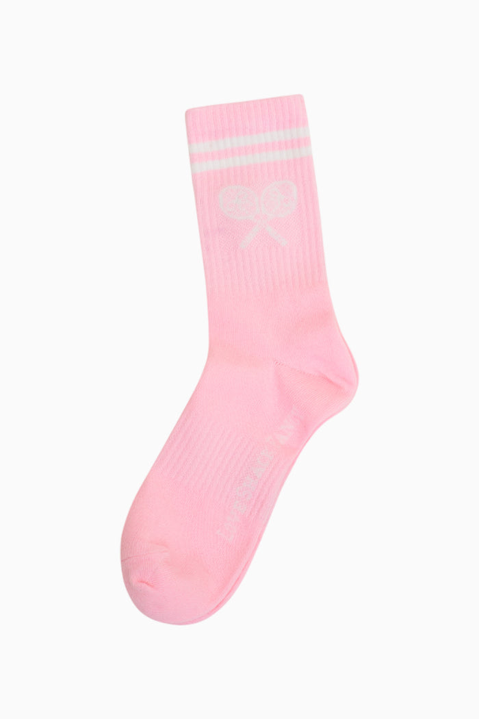 Pink tennis crew socks with ribbed cuff and small logo