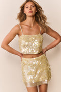 Pale lemon flower sequin mini skirt with mesh base, mini length