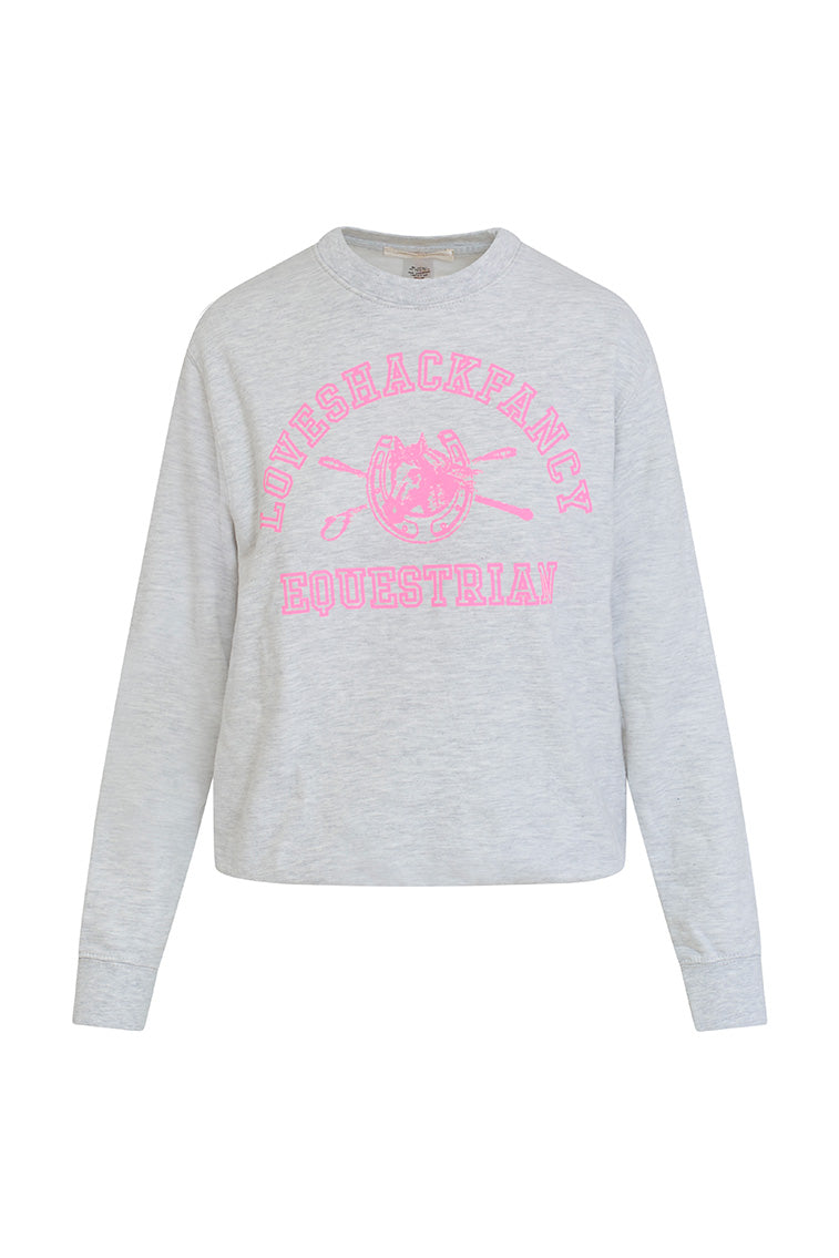 Grey crewneck sweatshirt with pink equestrian graphic print, long sleeves