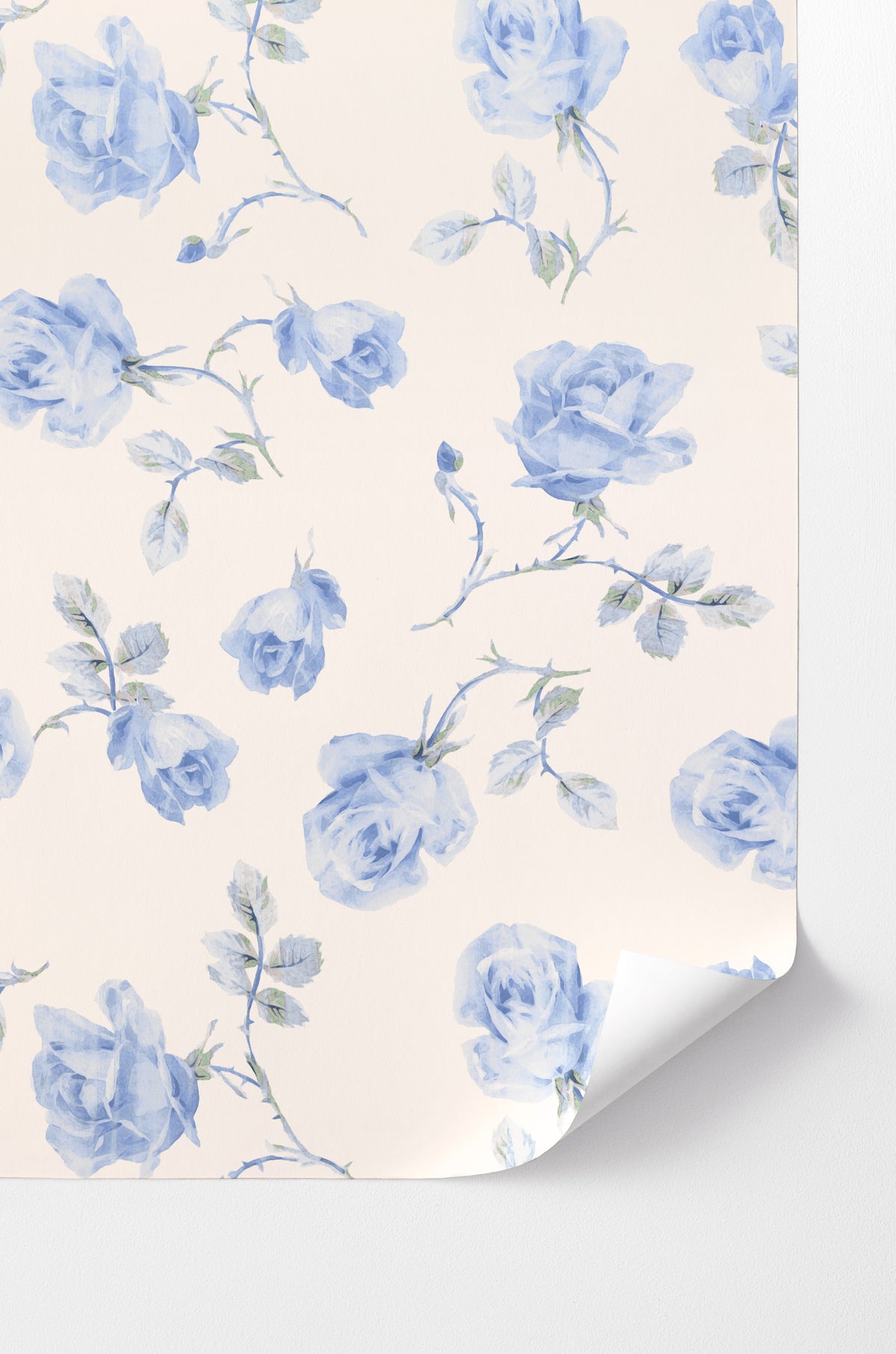 French blue floral peel-and-stick wallpaper with blue rose and petal pattern
