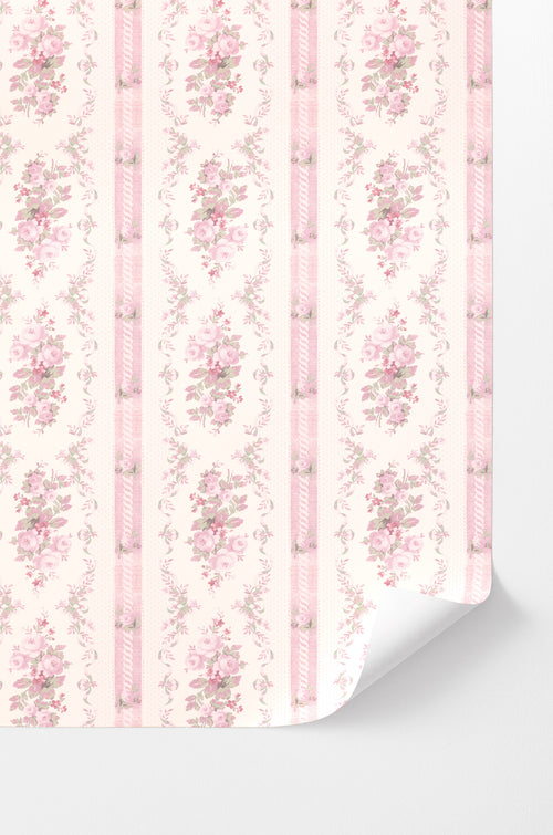 Peel-and-stick wallpaper corner with pink floral vertical stripe pattern