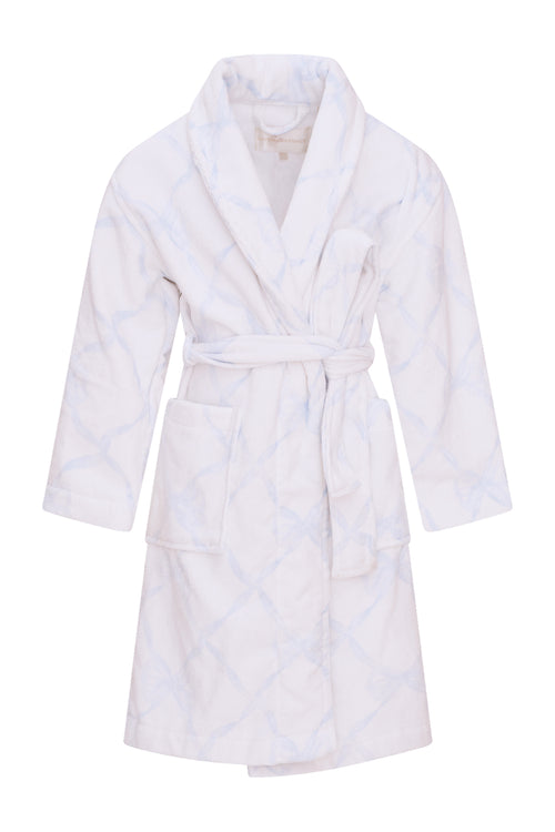 Kids cotton bath robe, light blue diamond quilting, hood and belt tie
