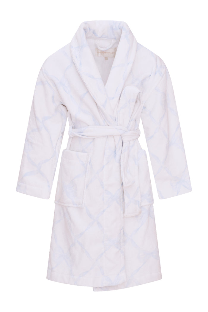 Kids cotton bath robe, light blue diamond quilting, hood and belt tie - Customized